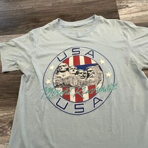 Vintage Mount‎ Rushmore USA American Flag Sky Blue Men's L Single Stitch T-Shirt